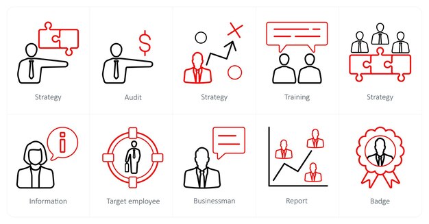 Un conjunto de 10 iconos de recursos humanos como estrategia de auditoría de estrategia