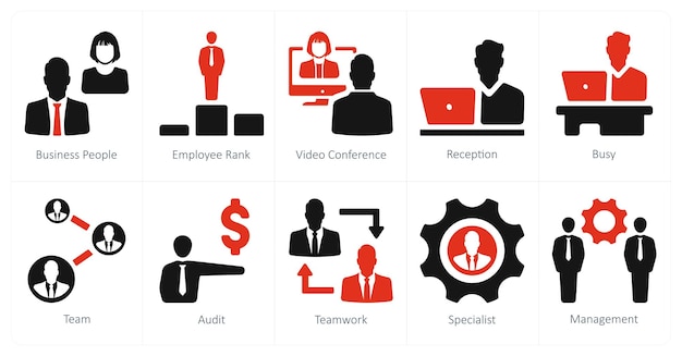 Un conjunto de 10 iconos de Recursos Humanos como personas de negocios empleado rango videoconferencia