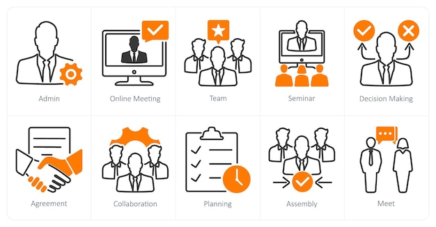 Un conjunto de 10 iconos de reunión como administrador del equipo de reunión en línea