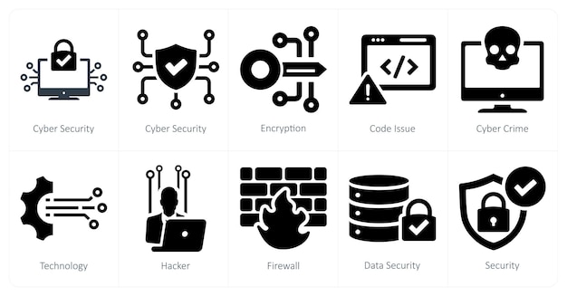 Un conjunto de 10 iconos de seguridad cibernética como código de encriptación de seguridad cybernética