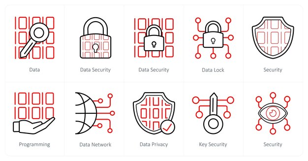 Un conjunto de 10 iconos de seguridad como bloqueo de datos de seguridad de datos