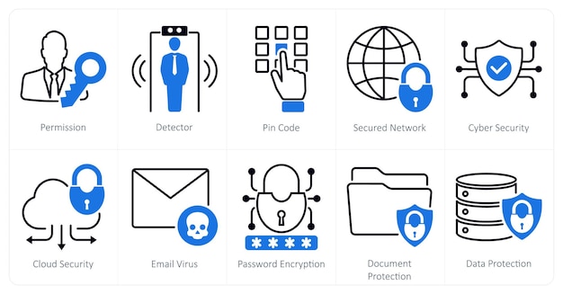 Un conjunto de 10 iconos de seguridad como código pin del detector de permisos