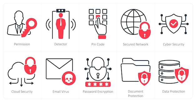 Un conjunto de 10 iconos de seguridad como código pin del detector de permisos