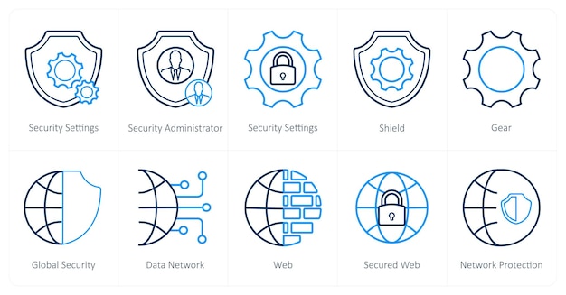 Un conjunto de 10 iconos de seguridad como configuraciones de seguridad escudo de administrador de seguridad