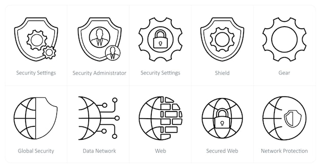 Un conjunto de 10 iconos de seguridad como configuraciones de seguridad escudo de administrador de seguridad