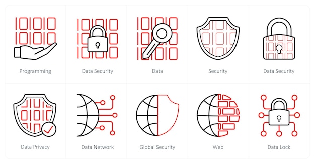 Un conjunto de 10 iconos de seguridad como datos de seguridad de programación