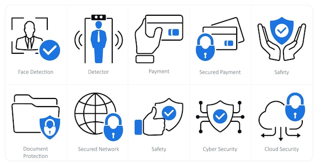 Un conjunto de 10 iconos de seguridad como detector de detección facial pago seguro pago