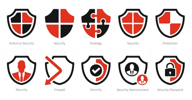 Un conjunto de 10 iconos de seguridad como estrategia de seguridad de seguridad antivirus