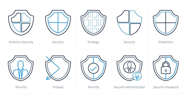 Un conjunto de 10 iconos de seguridad como estrategia de seguridad de seguridad antivirus