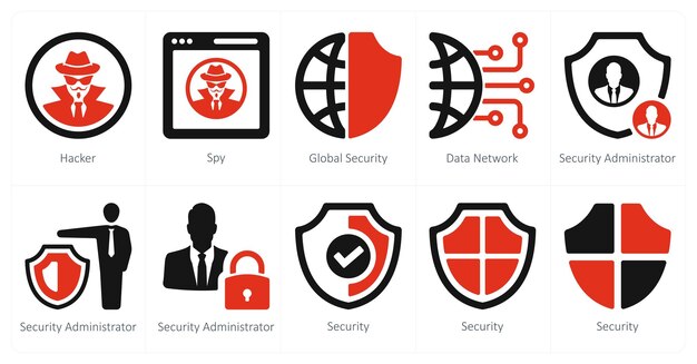 Un conjunto de 10 iconos de seguridad como hacker espía seguridad global