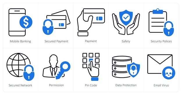 Un conjunto de 10 iconos de seguridad como pago seguro de banca móvil