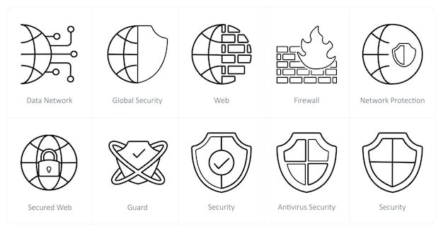 Un conjunto de 10 iconos de seguridad como red de datos web de seguridad global