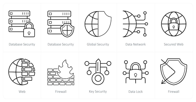 Un conjunto de 10 iconos de seguridad como seguridad de la base de datos red global de datos de seguridad