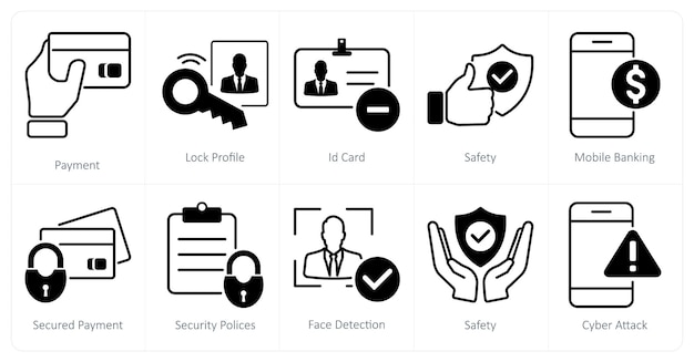 Un conjunto de 10 iconos de seguridad como tarjeta de identificación de perfil de bloqueo de pago