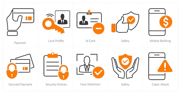 Un conjunto de 10 iconos de seguridad como tarjeta de identificación de perfil de bloqueo de pago