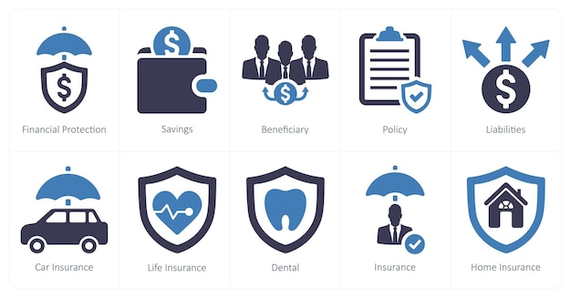 Un conjunto de 10 iconos de seguro como beneficiario de ahorros de protección financiera