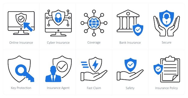 Un conjunto de 10 iconos de seguro como cobertura de seguro cibernético de seguro en línea