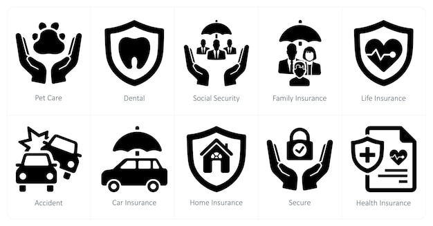 Un conjunto de 10 iconos de seguro como cuidado de mascotas dental seguridad social