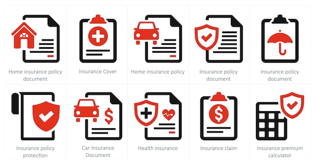 Un conjunto de 10 íconos de seguro como documento de póliza de seguro de hogar póliza de seguros de cobertura de seguros de hogar