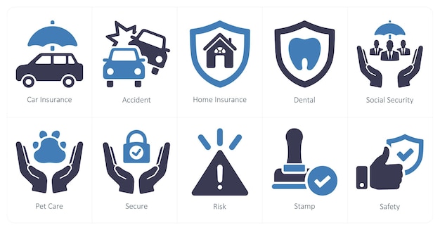 Un conjunto de 10 iconos de seguro como seguro de automóvil, seguro de accidente y seguro de hogar