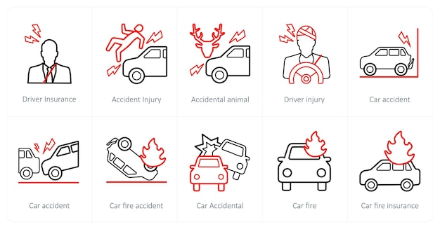 Un conjunto de 10 iconos de seguro como seguro de conductor accidente lesión animal accidental
