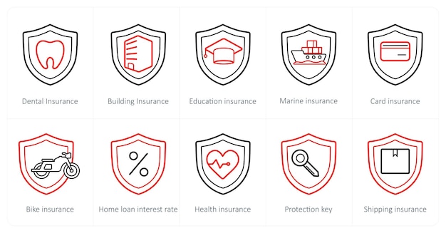 Un conjunto de 10 iconos de seguro como seguro dental seguro de edificio seguro de educación