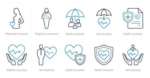 Un conjunto de 10 iconos de seguro como seguro de maternidad seguro de embarazo seguro de familia