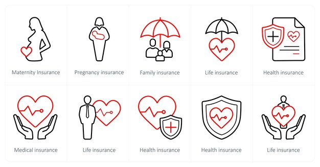 Un conjunto de 10 iconos de seguro como seguro de maternidad seguro de embarazo seguro de familia