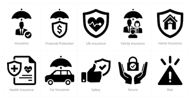 Un conjunto de 10 iconos de seguro como seguro de protección financiera seguro de vida