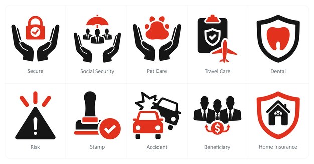 Un conjunto de 10 iconos de seguro como seguro de seguridad social cuidado de mascotas