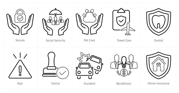 Un conjunto de 10 iconos de seguro como seguro de seguridad social cuidado de mascotas