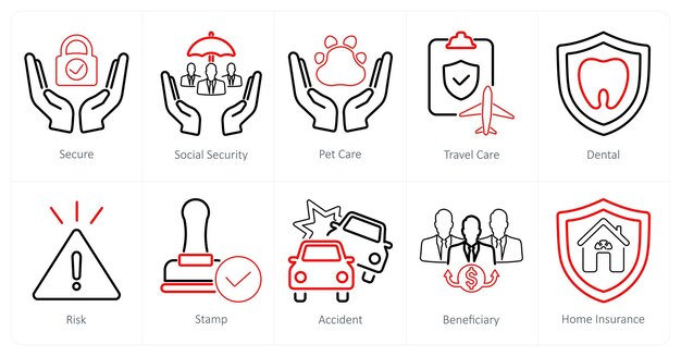 Un conjunto de 10 iconos de seguro como seguro de seguridad social cuidado de mascotas