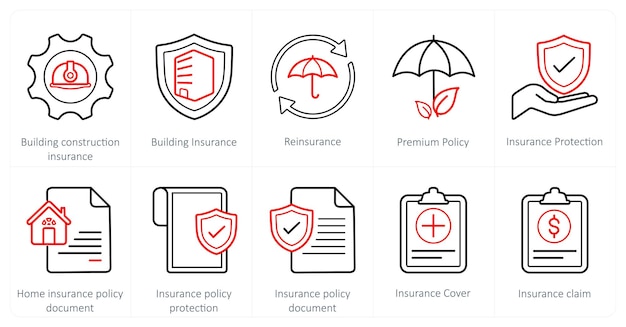 Un conjunto de 10 iconos de seguros como seguros de construcción de edificios seguros de reaseguro de edificios