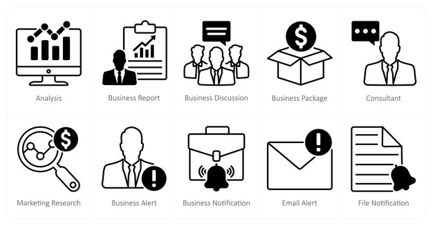 Un conjunto de 10 iconos de SEO como análisis informe de negocios discusión de negocios