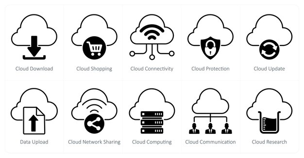 Un conjunto de 10 iconos de SEO como descarga en la nube compras en la nube conectividad en la nube