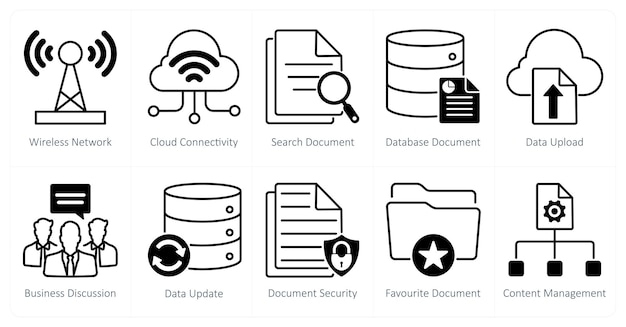 Un conjunto de 10 iconos de SEO como documento de búsqueda de conectividad en la nube de red inalámbrica