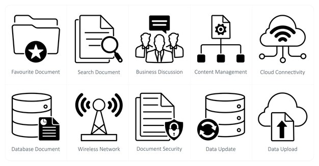 Un conjunto de 10 íconos de SEO como documento favorito búsqueda documento discusión de negocios