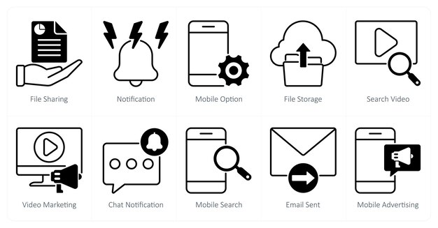 Un conjunto de 10 iconos de SEO como opción móvil de notificación de intercambio de archivos