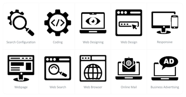 Un conjunto de 10 íconos de SEO y marketing digital como configuración de búsqueda codificación diseño web
