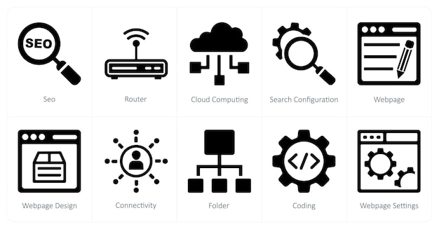 Un conjunto de 10 íconos de SEO y marketing digital como router de SEO y computación en la nube