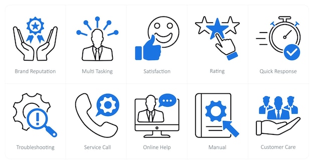 Un conjunto de 10 iconos de servicio al cliente como reputación de la marca satisfacción multitarea