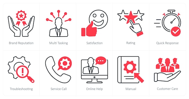 Un conjunto de 10 iconos de servicio al cliente como reputación de la marca satisfacción multitarea