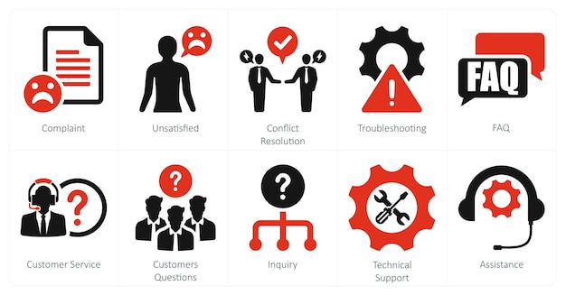 Un conjunto de 10 iconos de servicio al cliente como resolución de conflictos de quejas insatisfechas