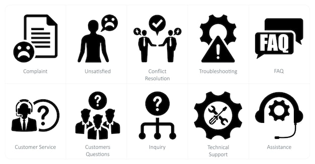 Un conjunto de 10 iconos de servicio al cliente como resolución de conflictos de quejas insatisfechas