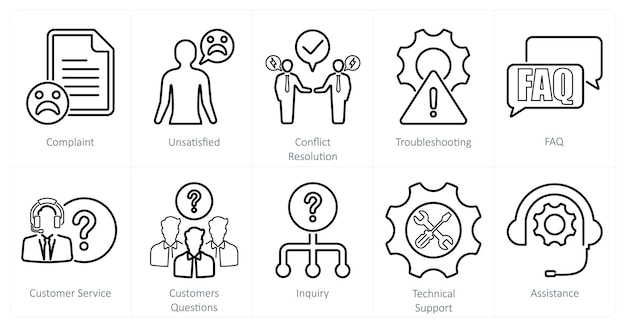 Un conjunto de 10 iconos de servicio al cliente como resolución de conflictos de quejas insatisfechas