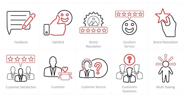 Un conjunto de 10 iconos de servicio al cliente como retroalimentación satisfecha reputación de la marca excelente servicio