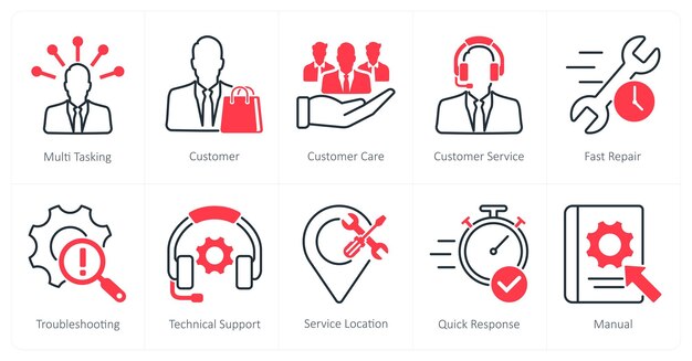 Un conjunto de 10 iconos de servicio al cliente como servicio al cliente de atención al cliente multitarea