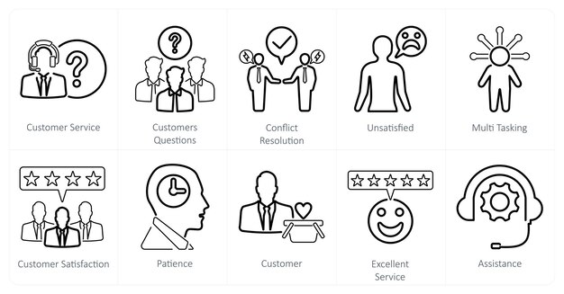 Un conjunto de 10 iconos de servicio al cliente como soluciones de conflictos de preguntas del cliente al servicio al cliente