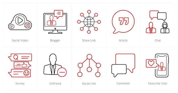 Un conjunto de 10 íconos sociales como enlace de intercambio de vídeo social del bloguero