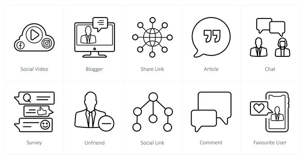 Un conjunto de 10 íconos sociales como enlace de intercambio de vídeo social del bloguero